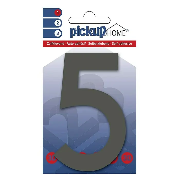 Pickup 3D Home Hausnummer Rio - Motiv: 5, Höhe: 10 cm, Grau, Kunststoff, Selbstklebend - Nahaufnahme der Hausnummer 5 von Pickup Home. Selbstklebend, 3D-Optik für die Türbeschriftung.