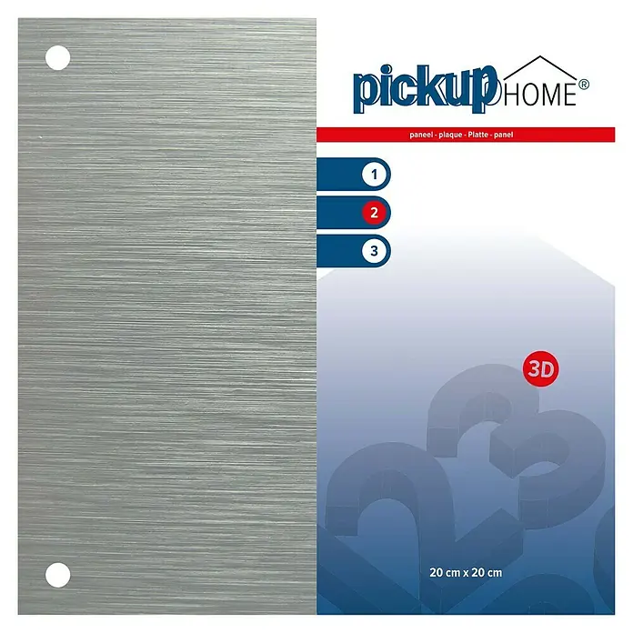 Pickup 3D Home Schild - L x B: 20 x 20 cm, Aluminiumfarben - Produktabbildung einer Pickup Home Platte, 20x20 cm, in gebürsteter Metalloptik, ideal für moderne Innenraumgestaltung und DIY-Projekte.