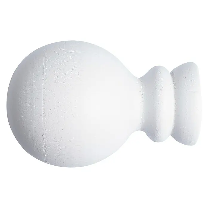 Tapa final Ideas wood modelo pomo - 1 ud. - Primer plano de un extremo de barra de cortina de madera blanca con forma de bola y detalles delicados, ideal para decoraciones de ventanas elegantes.
