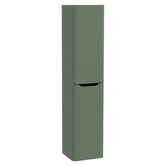 VitrA Integra Round Hochschrank - B x T x H: 40 x 37 x 180 cm, Moosgrün, DIN Anschlag: Links, Inklusive 4 Glaseinlegeböden - Olivgrüner zweitüriger Kühl-Gefrierschrank mit integrierten Griffen.