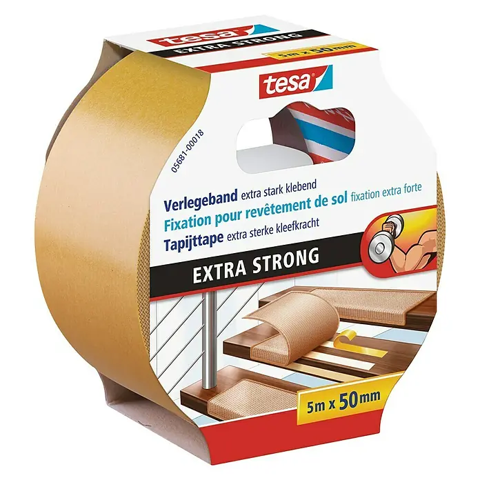 Tesa Verlegeband - 5 m x 50 mm, Beidseitig selbstklebend, Geeignet für: Fußbodenheizung - Eine Rolle Tesa Extra Strong Verlegeband, ideal für die sichere Fixierung von Teppichen und Bodenbelägen.