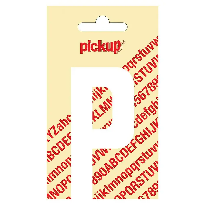 Pickup Aufkleber - Motiv: P, Weiß, Höhe: 90 mm - Aufkleberbogen "Pickup" mit Buchstaben und Zahlen in roter Schrift auf beigem Untergrund, ideal zum Beschriften und Dekorieren.