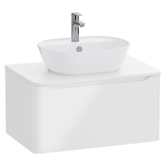 VitrA Integra Round Waschtischunterschrank Integra Round - B x T x H: 76,5 x 52 x 42 cm, Weiß - Weißer Badunterschrank mit Waschbecken und Chromarmatur.