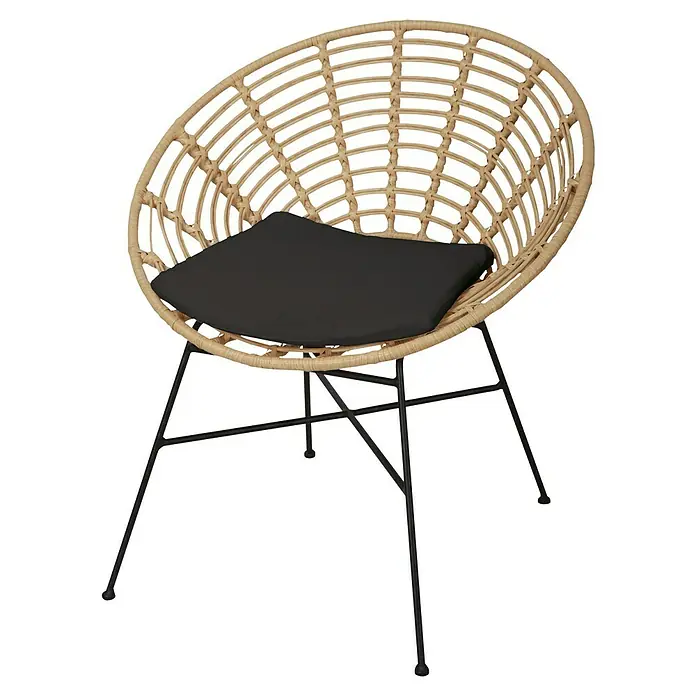 Gartensessel Nora - Metall, Polyrattan, Beige, B x T x H: 44,5 x 72,5 x 78 cm - Moderner Rattansessel mit schwarzem Kissen und schwarzen Beinen. Ein stilvolles Möbelstück für jeden Raum.