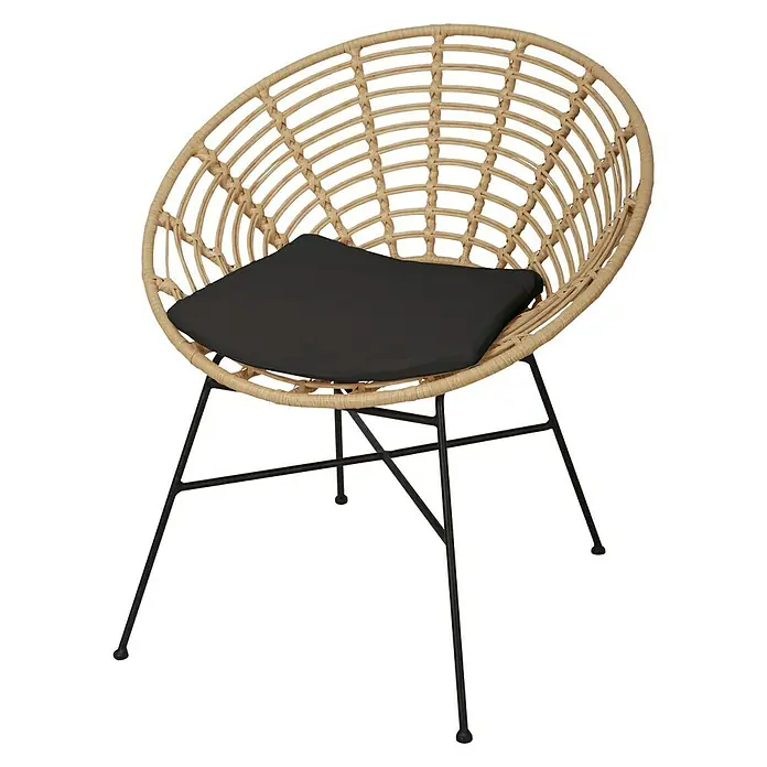 Gartensessel NoraBreite: 44,5 cm, Polyrattan - Moderner Rattansessel mit schwarzem Kissen und schwarzen Beinen. Ein stilvolles Möbelstück für jeden Raum.