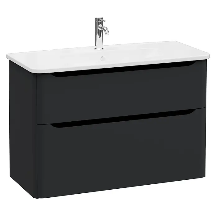 VitrA Integra Round Badmöbel-Set - Gesamtbreite Badmöbel: 100 cm, Graphit, Matt - Dunkelgrauer Badunterschrank mit zwei Schubladen, integriertem weißen Waschbecken und Chromarmatur.