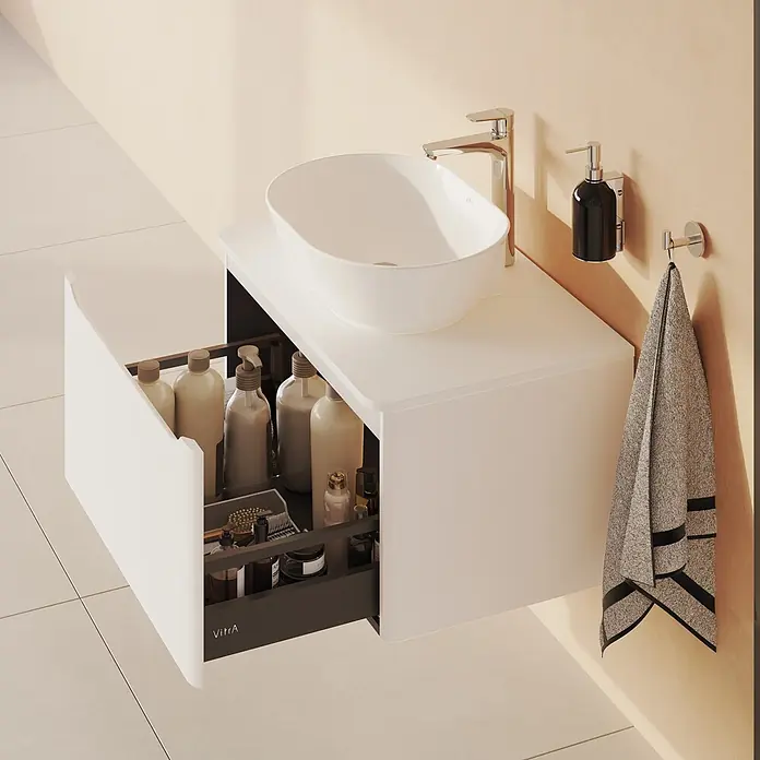 VitrA Integra Round Waschtischunterschrank Integra Round - B x T x H: 76,5 x 52 x 42 cm, Weiß - Weißer wandmontierter Badschrank mit Aufsatzwaschbecken und offener Schublade für Toilettenartikel.