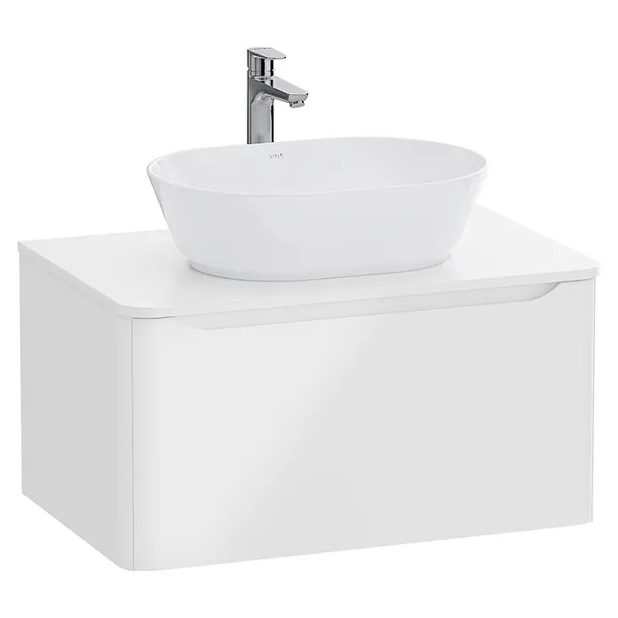VitrA Integra Round Waschbeckenunterschrank Integra Round - B x T x H: 76,5 x 52 x 42 cm, Weiß - Weißer Waschtischunterschrank mit ovalem Aufsatzwaschbecken und Chrom-Armatur.
