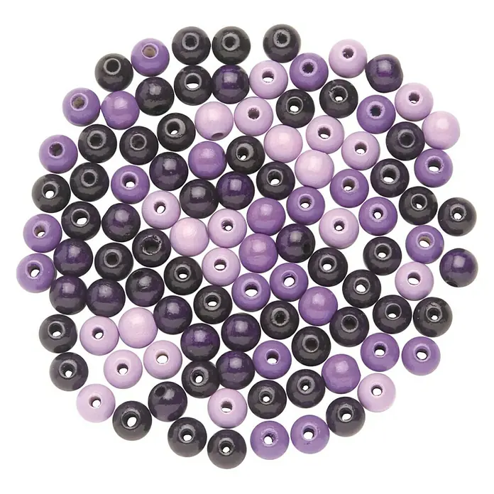 Glorex Holzperlen - Lila, Durchmesser: 12 mm, 28 Stk. - Nahaufnahme von runden, hölzernen Perlen in verschiedenen Lilatönen, die ein dekoratives Bastelmaterial darstellen.