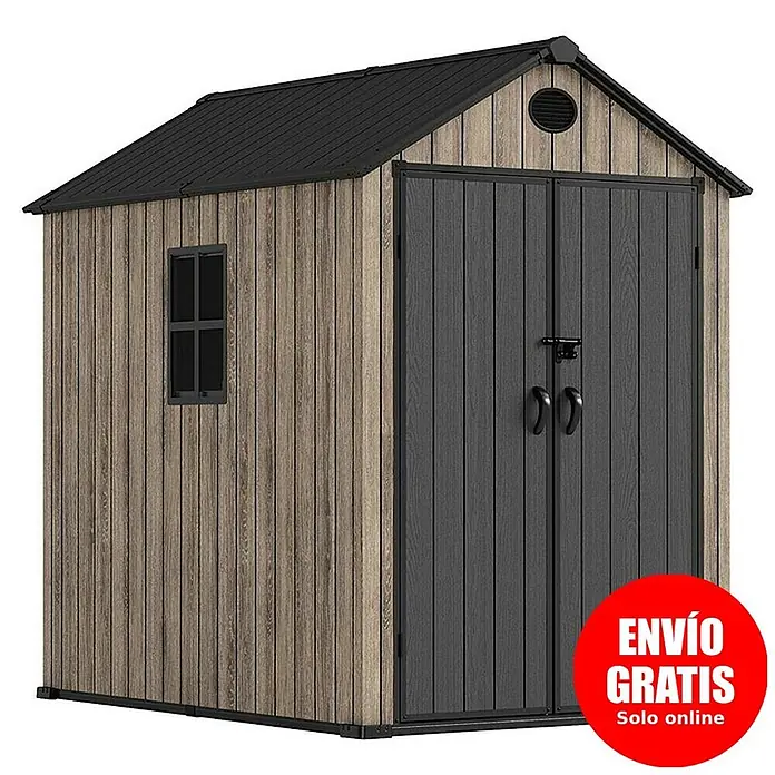 Hoggar Caseta de jardín Oak 040 - Medidas ext. (An x Pr): 164 x 222 cm, Plástico, Marrón/Antracita, 3,62 m² - Caseta de jardín efecto madera con techo negro, puertas dobles gris oscuro y ventana pequeña.