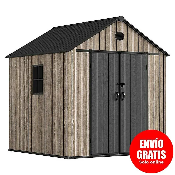 Hoggar Caseta de jardín Oak 050 - Medidas ext. (An x Pr): 223 x 222 cm, Plástico, Marrón/Antracita, 5,02 m² - Cobertizo de jardín con aspecto de madera, techo negro, puertas dobles negras y ventana pequeña. Ideal para almacenamiento exterior.