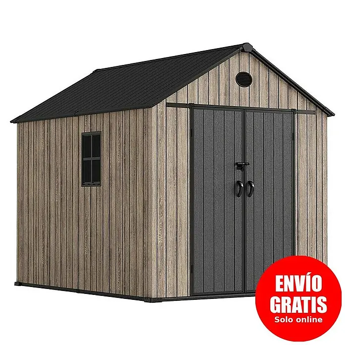 Hoggar Caseta de jardín Oak 060 - Medidas ext. (An x Pr): 226 x 283 cm, Plástico, Marrón/Antracita, 6,41 m² - Caseta de jardín con aspecto de madera, techo negro, puertas dobles gris oscuro y una pequeña ventana para almacenamiento exterior.