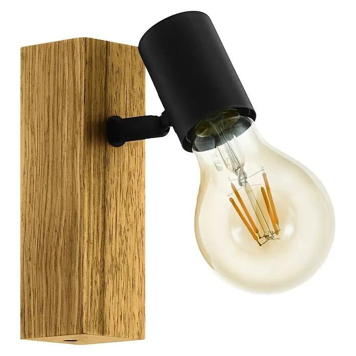 Eglo Townshend 3 LED-Wandleuchte - 10 W, Braun, Schwarz - Wandleuchte mit einem Lampenschirm in Schwarz und einer Glühbirne in Gold, befestigt an einem Holzsockel für eine warme Atmosphäre.