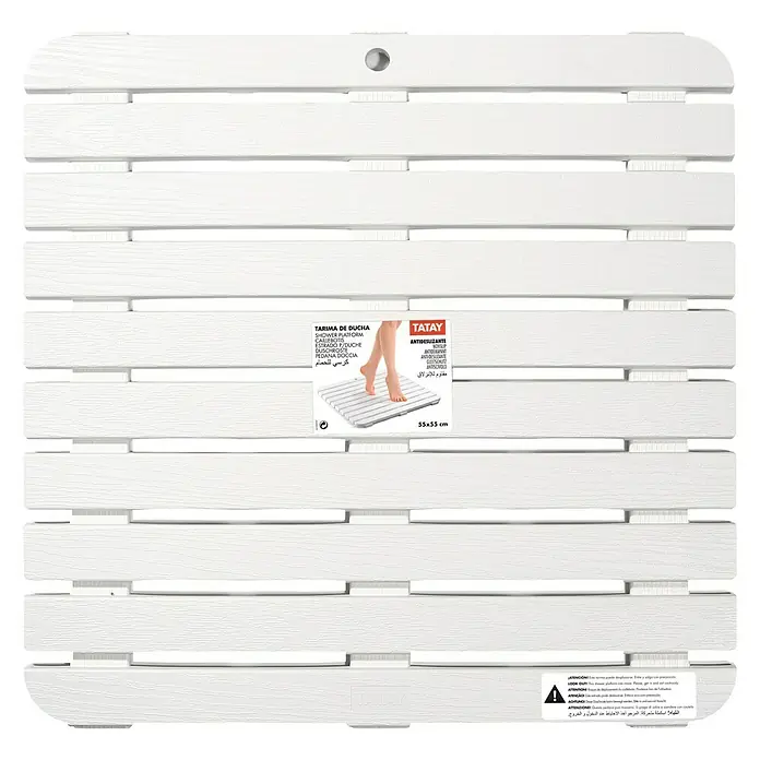 Tatay Tarima de baño - L x An: 55 x 55 cm, Blanco, Polipropileno - Alfombra de ducha blanca Tatay con imitación madera. Es antideslizante y mide 55x55 cm, ideal para cualquier baño.