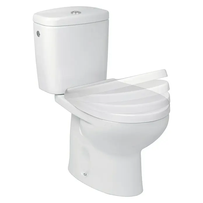 Tatay Tapa de WC Optima - Plástico, Blanco, Con caída amortiguada - Primer plano de un elegante inodoro blanco que muestra múltiples posiciones de la tapa del inodoro abriéndose y cerrándose.