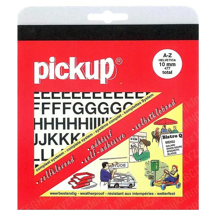 Pickup Aufkleber - Buchstaben, Schwarz, Höhe: 10 mm - Aufkleberbogen "Pickup" mit Buchstaben A-Z, Helvetica, 10 mm hoch, insgesamt 477 Stück, selbstklebend und wetterfest.