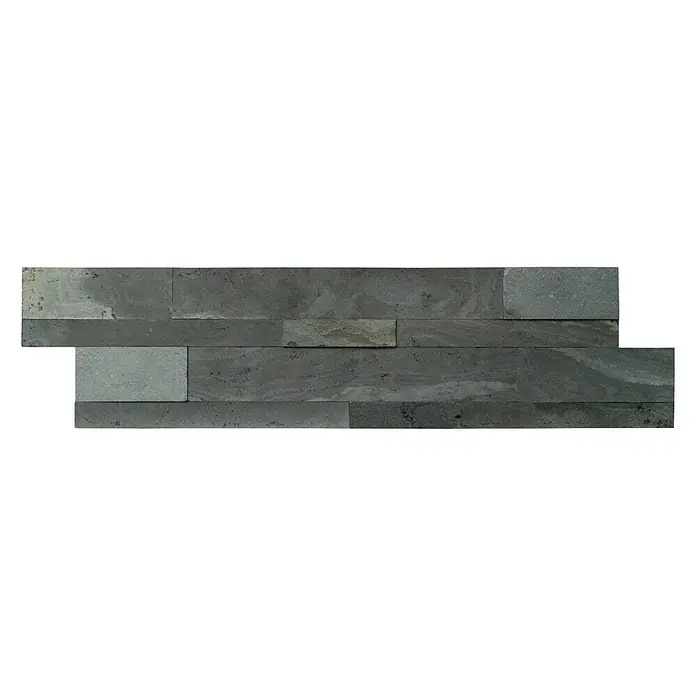 Selbstklebemosaik - 60 x 15 cm, Schiefer - Nahaufnahme einer grauen Wandverkleidung aus Naturstein, die eine elegante und robuste Textur für Innen- und Außenbereiche bietet.