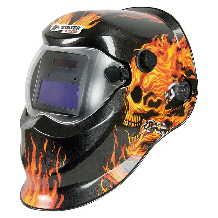 Stayer Citywork Equipo de soldadura de electrodos 160 - Corriente de soldadura: 160 A - Casco de soldadura auto oscurecimiento con diseño de calavera y llamas para protección óptima y un aspecto moderno al soldar.