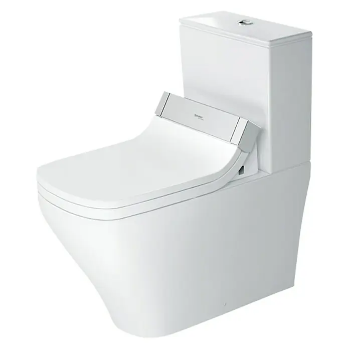 Duravit DuraStyle Stand-WC für Kombination - Mit Spülrand, Ohne Spezialglasur, Spülform: Tief, WC Abgang: Waagerecht, Weiß - Nahaufnahme einer Duravit D-Neo Toilette mit einem schlanken, weißen Design. Die Toilette hat eine moderne Form und ein minimalistisches Aussehen.