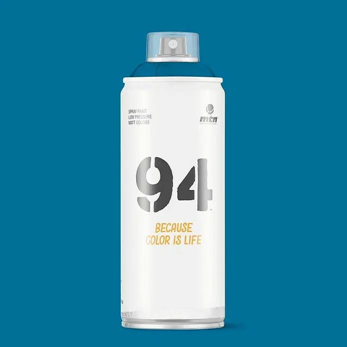 mtn Pintura decorativa en spray 94 - Azul eléctrico, Mate, 400 ml - Imagen de un aerosol blanco MTN 94 con el número 94 plateado y el texto amarillo "BECAUSE COLOR IS LIFE".