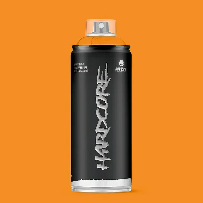 mtn Pintura decorativa en spray Hardcore - Mango, Brillante, 400 ml - Bote de spray Montana Colors Hardcore, ideal para proyectos de grafiti y arte. Bote negro con detalles naranjas, alta presión.
