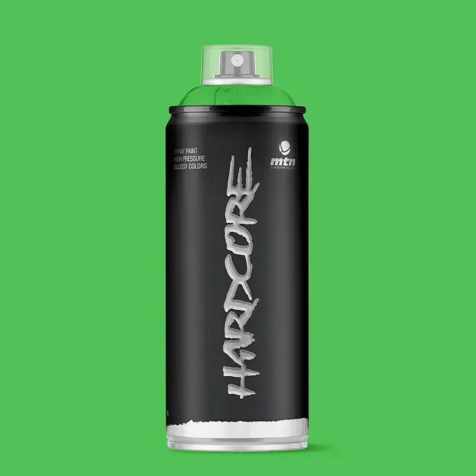 mtn Pintura decorativa en spray Hardcore - Verde guacamole, Brillante, 400 ml - Un aerosol de pintura Hardcore de MTN en verde vibrante. Ideal para arte callejero y grafitis, ofrece alta cobertura y secado rápido.