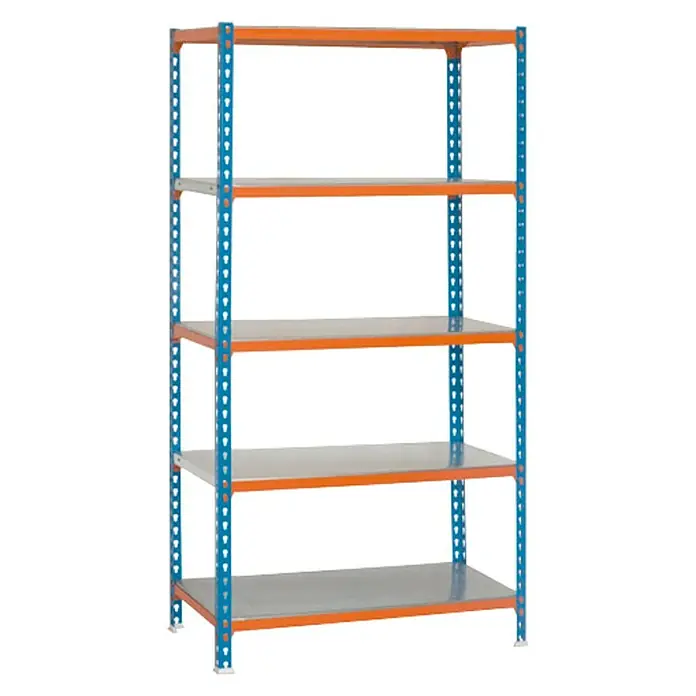 Simonrack Simonclick Metallregal Simonclick Plus - H x B x T: 180 x 90 x 40 cm, Traglast pro Boden: 180 kg, Anzahl Böden: 5 Stk., Stecken, Blau/Orange/Silber - Ein Regal mit fünf Fächern, blauem Rahmen und orangefarbenen Regalböden. Das Regal bietet viel Stauraum.
