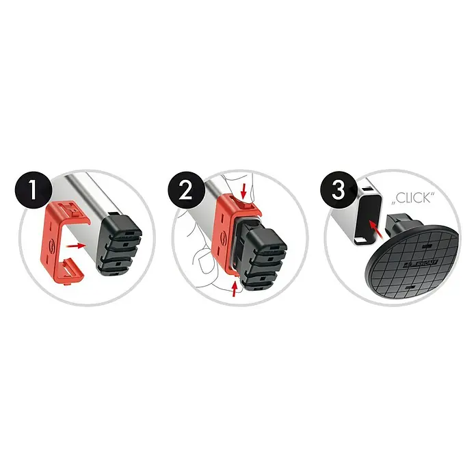 Hailo Wechselfuß-Set Easy Clix Garden L - Passend für: Hailo Stufenstehleitern (ab Baujahr 2015) - Eine Schritt-für-Schritt-Anleitung zur Montage eines Aluminiumprodukts mit rotem Clip und schwarzem Fuß.