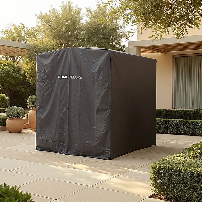 Home Deluxe Gartenliege LYON inkl. Abdeckung - B x T: 208 x 188 cm, Weiß, Grau, Polyester - Dunkelgraue Schutzhülle mit 'HOME DELUXE' Logo, schützt Gartenmöbel auf einer Terrasse.