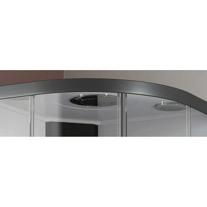 GEO Fix Komplettdusche - 90 x 90 x 215 cm, Gebogen, Weiß/Schwarz - Nahaufnahme einer modernen Duschkabine mit Regenduschkopf und Kopfbrause, die ein entspannendes Duscherlebnis verspricht.