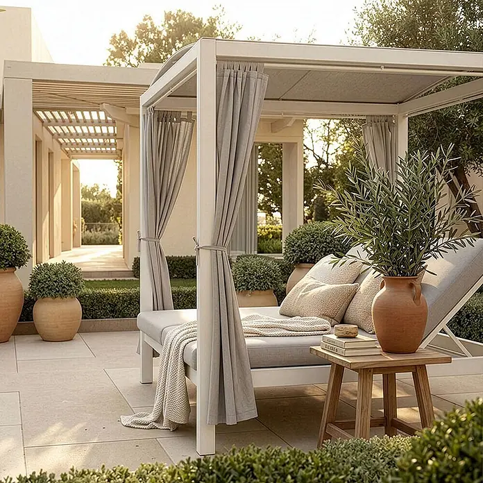 Home Deluxe Gartenliege LYON inkl. Abdeckung - B x T: 208 x 188 cm, Weiß, Grau, Polyester - Weißes Outdoor-Cabana-Tagesbett mit hellgrauen Kissen und Vorhängen, auf einer Terrasse platziert, mit Beistelltisch für bequeme Entspannung.