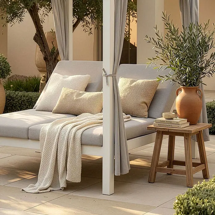 Home Deluxe Gartenliege LYON inkl. Abdeckung - B x T: 208 x 188 cm, Weiß, Grau, Polyester - Weißes Outdoor-Tagesbett mit hellgrauen Kissen, cremefarbenen Zierkissen und einer Strickdecke. Ein Holztisch mit Deko steht daneben auf der Terrasse.