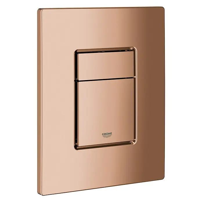 Grohe Betätigungsplatte Skate Cosmopolitan - Warm Sunset, Spül-Stopp-System, Bedienung Spülkasten-Betätigungsplatte: Pneumatisch - Nahaufnahme einer glänzenden Grohe Arena Cosmopolitan Betätigungsplatte in gebürstetem Roségold für eine stilvolle Badezimmerausstattung.