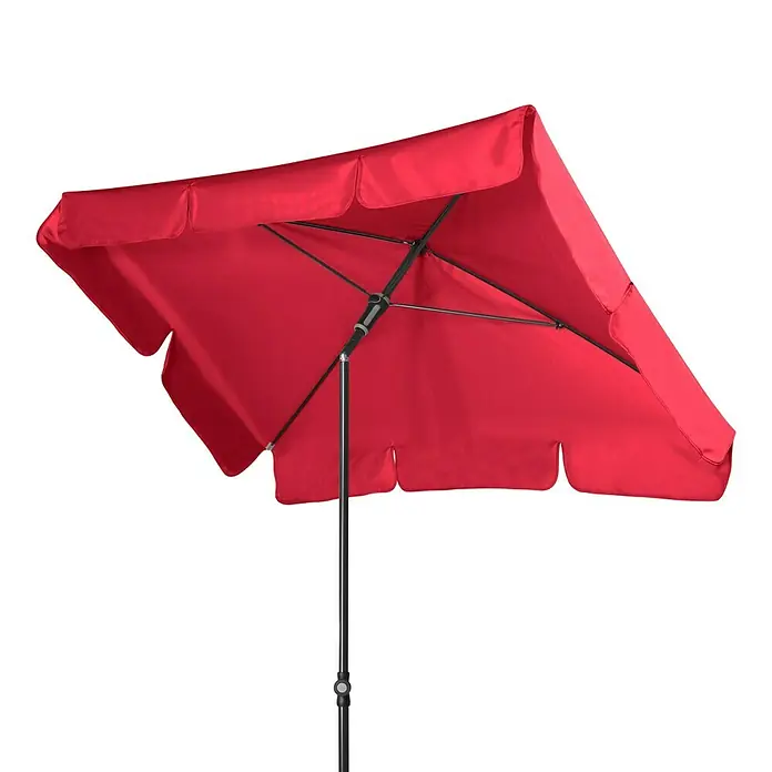 Doppler Sunline Marktschirm Waterproof Neo - Rot, Bespannungsmaß (L x B): 185 x 120 cm - Ein roter quadratischer Sonnenschirm mit schwarzem Gestell steht vor einem weißen Hintergrund.