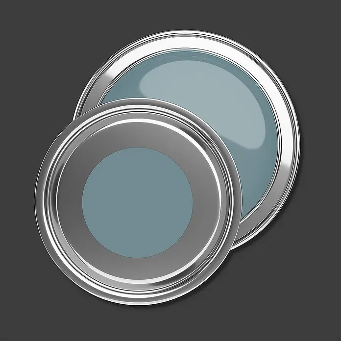 Livingwalls Wandfarbe Blau, Bluish Petrol DD125909 2,5l - Grün, Matt, 2,5 l - Zwei sich überlappende silberne Farbdosen gefüllt mit hellblauer Farbe.