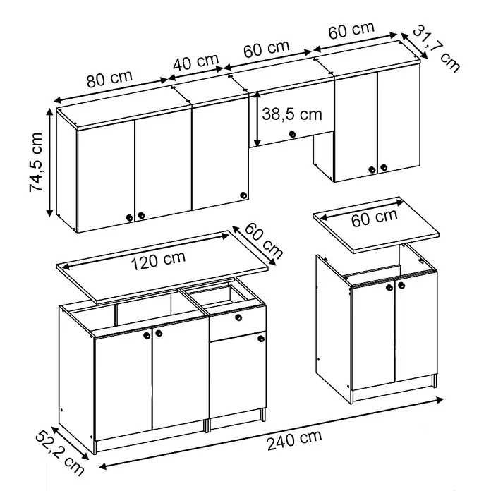 Vicco Küchenzeile Bergamo Edelgrau, AP Goldkraft - Edelgrau, Ohne Elektrogeräte - Modulares Küchenschrank-Set mit Ober- und Unterschränken, abgebildet mit verschiedenen Maßen und Konfigurationen.