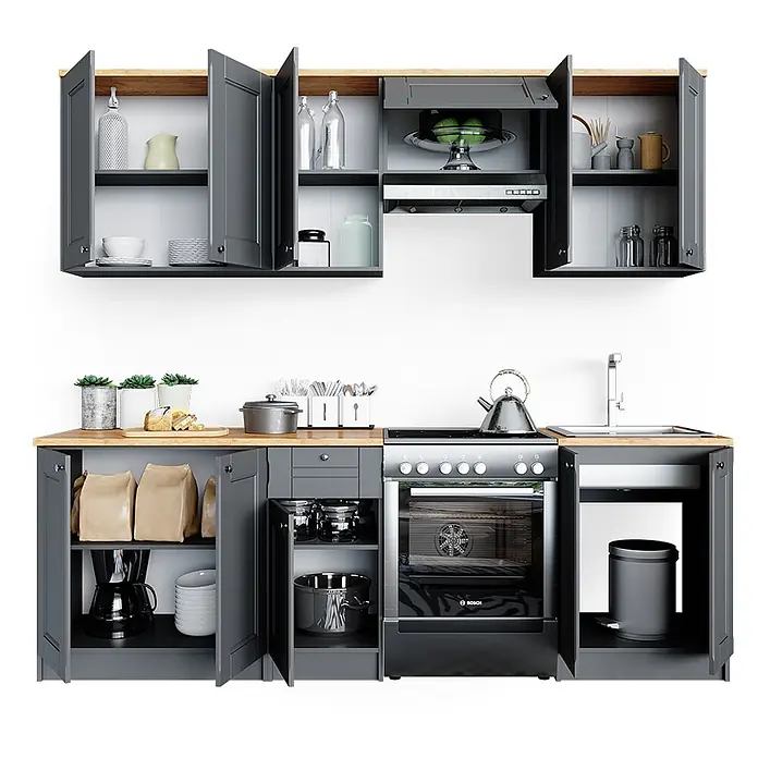 Vicco Küchenzeile Bergamo Edelgrau, AP Goldkraft - Edelgrau, Ohne Elektrogeräte - Modulare dunkelgraue Küchenzeile mit Holzplatten, integriertem Backofen, Spüle und Stauschränken.