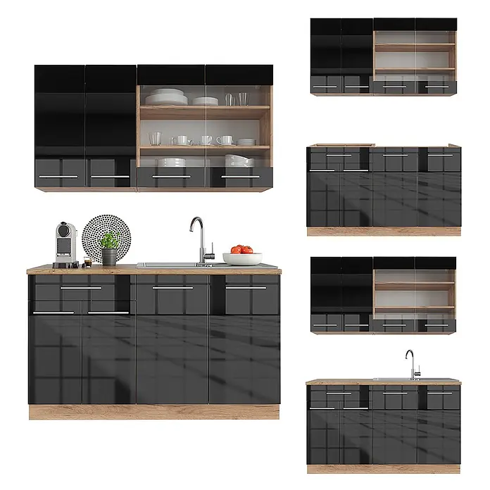 Vicco Singleküche Fame-Line Anthrazit Hochglanz/Goldkraft Eiche ohne Arbeitsplatte - Anthrazit Hochglanz, Ohne AP - Glänzendes, dunkelgraues modulares Küchenset mit heller Holzoptik-Arbeitsplatte und Sockel. Es umfasst Ober- und Unterschränke sowie eine Spüle.