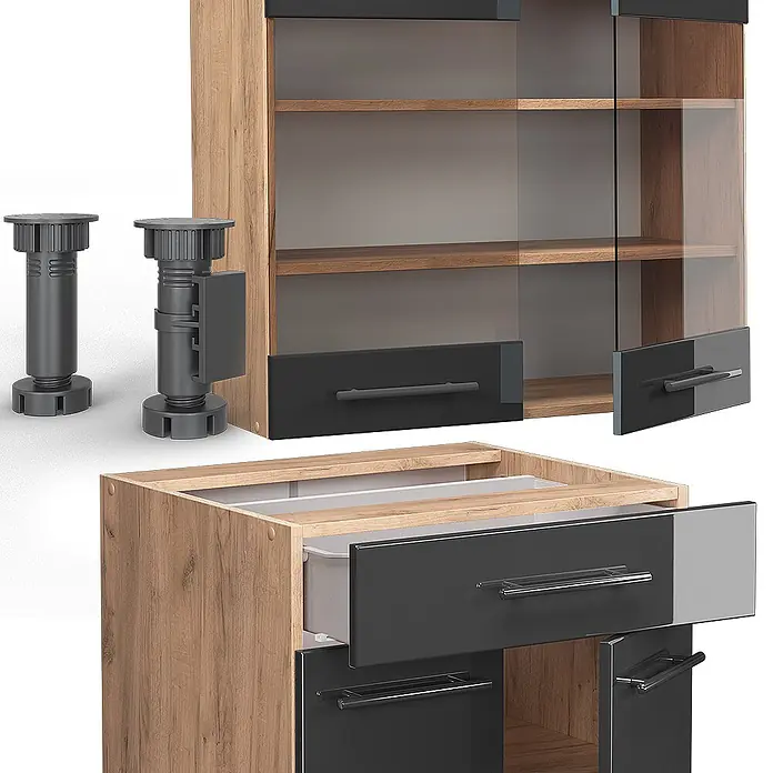 Vicco Singleküche Fame-Line Anthrazit Hochglanz/Goldkraft Eiche ohne Arbeitsplatte - Anthrazit Hochglanz, Ohne AP - Modulares Holzschränkchen mit dunkelgrauen Fronten, Glastüren und verstellbaren Füßen, Montagebauteile zeigend.