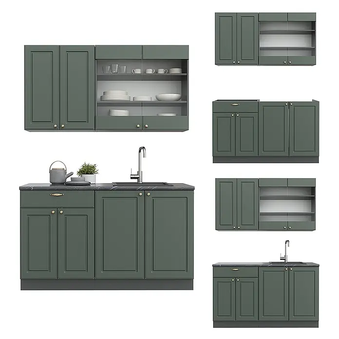 Vicco Singleküche Fame-Line Grün-Gold Landhaus/Anthrazit, AP Marmor - Grün-Gold Landhaus, Mit AP Marmor - Dunkelgrüne Küchenschränke mit goldenen Griffen, inklusive Unterschränken mit Spüle und Wandschränken, teilweise mit Glastüren.