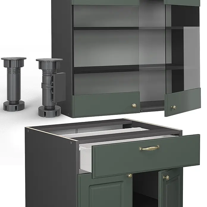 Vicco Singleküche Fame-Line Grün-Gold Landhaus/Anthrazit, AP Marmor - Grün-Gold Landhaus, Mit AP Marmor - Modulare Küchenschränke in Dunkelgrau und Dunkelgrün, mit Schublade, Türen, Glas und verstellbaren schwarzen Füßen.