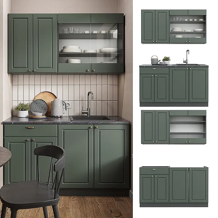 Vicco Singleküche Fame-Line Grün-Gold Landhaus/Anthrazit, AP Marmor - Grün-Gold Landhaus, Mit AP Marmor - Dunkelgrünes Küchenschrank-Set mit schwarzer Arbeitsplatte, Spüle und verschiedenen Stauraummodulen, inklusive Glasvitrinen.