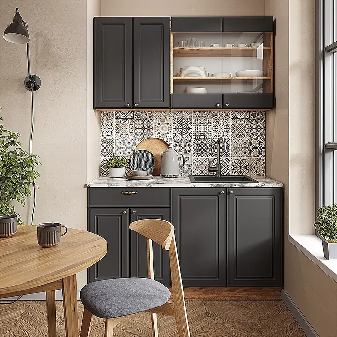Vicco Singleküche Fame-Line Anthrazit Landhaus/Goldkraft Eiche, AP Anthrazit - Breite: 140 cm, Anthrazit Landhaus, Mit AP Anthrazit - Moderne dunkelgraue Küchenschränke mit Marmorarbeitsplatte und gemusterter Rückwand im Essbereich.