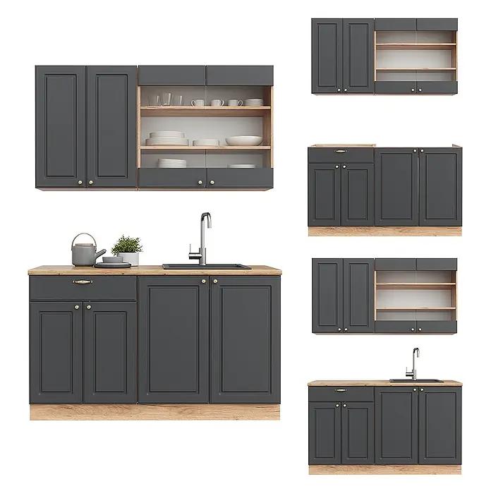 Vicco Singleküche Fame-Line Anthrazit Landhaus/Goldkraft Eiche, AP Anthrazit - Breite: 140 cm, Anthrazit Landhaus, Mit AP Anthrazit - Dunkelgraue modulare Küchenschränke mit Arbeitsplatten und Regalen aus Holz, inklusive Spüle. Anpassbare Küchenaufbewahrungslösung.