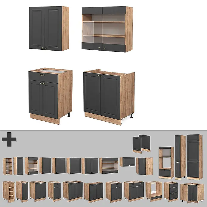 Vicco Singleküche Fame-Line Anthrazit Landhaus/Goldkraft Eiche, AP Anthrazit - Breite: 140 cm, Anthrazit Landhaus, Mit AP Anthrazit - Modulare Küchenschränke in Dunkelgrau und hellem Holz, darunter Wand-, Unter- und Hochschränke, teils mit Glastüren.