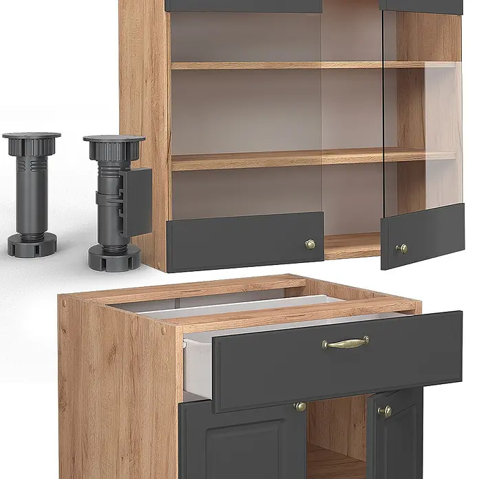 Vicco Singleküche Fame-Line Anthrazit Landhaus/Goldkraft Eiche, AP Anthrazit - Breite: 140 cm, Anthrazit Landhaus, Mit AP Anthrazit - Modulare Schrankkomponenten: helle Holzoptikrahmen, dunkelgraue Türen mit Glas- und Massivpaneelen, eine Schublade mit Messinggriffen, plus zwei dunkelgraue verstellbare Möbelfüße.