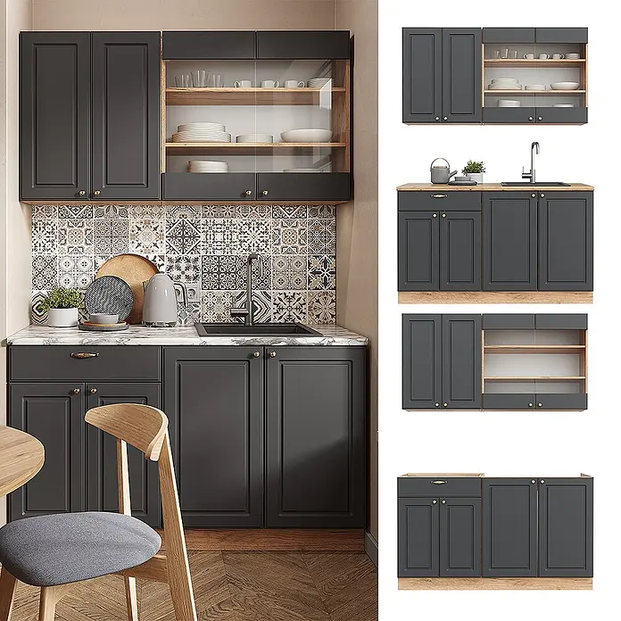 Vicco Singleküche Fame-Line Anthrazit Landhaus/Goldkraft Eiche, AP Anthrazit - Breite: 140 cm, Anthrazit Landhaus, Mit AP Anthrazit - Dunkelgraue Küchenschränke mit massiven und Glasfront-Oberschränken, goldenen Griffen und hölzernen Innendetails.