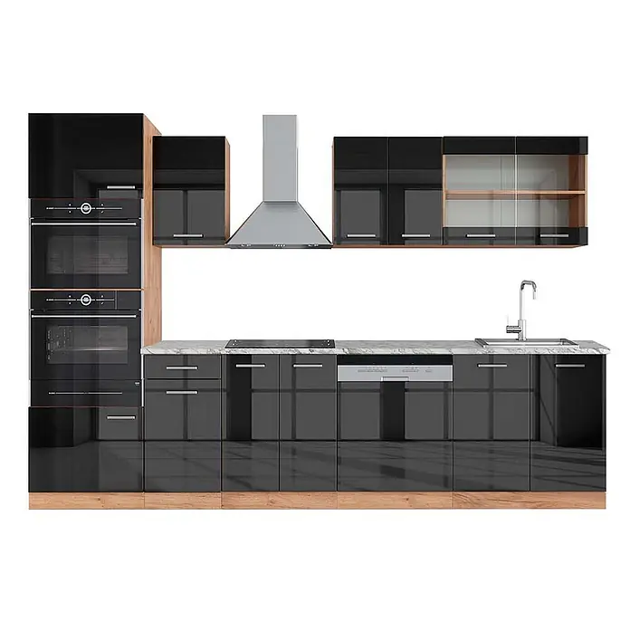 Vicco Küchenzeile R-Line Anthrazit Hochglanz/Goldkraft Eiche mit Hochschrank, AP Marmor - Breite: 300 cm, Anthrazit Hochglanz, Ohne Elektrogeräte - Moderne schwarze Hochglanzküche mit integrierten Öfen, Kochfeld, Spülmaschine, Spüle und hellen Holzakzenten.