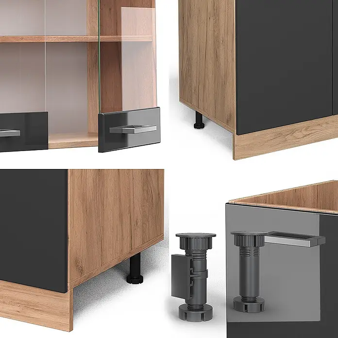 Vicco Küchenzeile R-Line Anthrazit Hochglanz mit Hochschrank, ohne Arbeitsplatte - Breite: 300 cm, Anthrazit Hochglanz, Ohne Elektrogeräte - Schrank mit Holzoptik- und schwarzen Paneelen, Glastüren, Metallgriffen und verstellbaren Möbelfüßen.