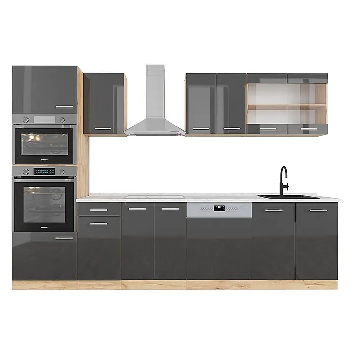 Vicco Küchenzeile R-Line Anthrazit Hochglanz/Goldkraft Eiche mit Hochschrank, AP Marmor - Breite: 300 cm, Anthrazit Hochglanz, Ohne Elektrogeräte - Moderne hochglänzende dunkelgraue Küche mit Holzakzenten, integrierten Öfen, Kochfeld, Dunstabzugshaube, Geschirrspüler und Spüle.